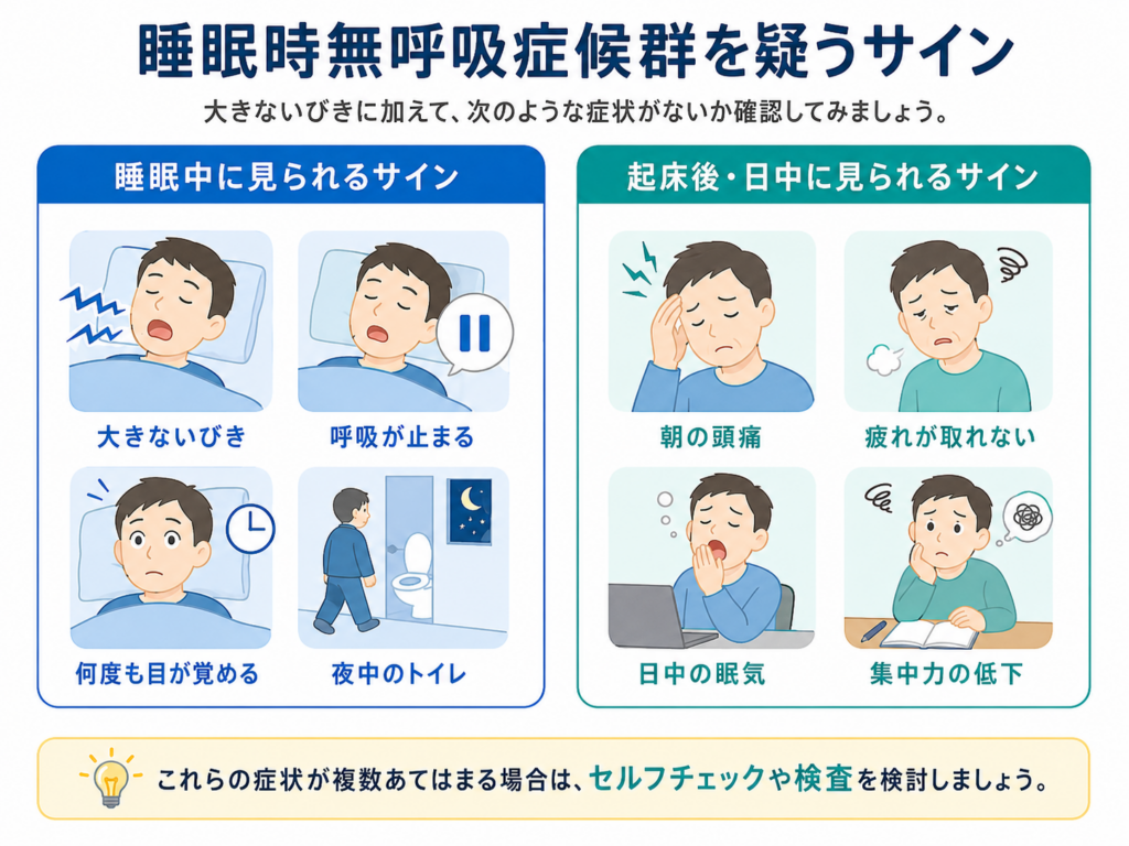 大きないびきや睡眠中の呼吸停止、朝の頭痛、日中の眠気など、睡眠時無呼吸症候群で注意したい症状のイラスト